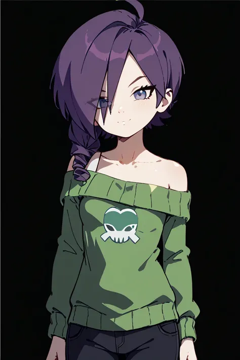 1girl, green tentacles, Purple Zone-Tan , off the shoulder sweater 