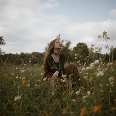 A professional photograph of a young woman with long, flowing red hair, sitting gracefully in a field full of small yellow and white wildflowers. She has fair skin, delicate features, and a serene expression with her eyes closed and head tilted slightly up...