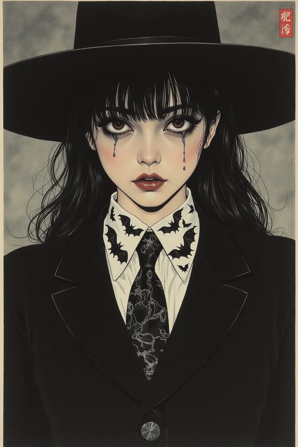 There is a picture of a tearful woman wearing a hat, Three-button jacket,button shirt,tie featuring bats,inspired by Rudolf Hausner,  style of hajime Sorayama ,  graphic details , by Rudolf Hausner,occult art , hajime Sorayama design woman,shohei otomo,  v...