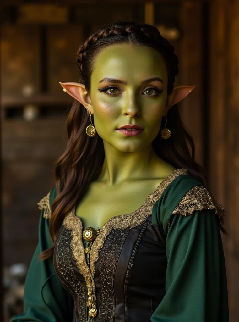 portrait of a mature orc woman posing in a poor house, Serene and warm ,  natural lighting , Soft Focus, High resolution, rustic and introspective atmosphere,  discreet sophistication ,  medieval clothing, Orck, madura como uma mulher orc de  green-skinned...