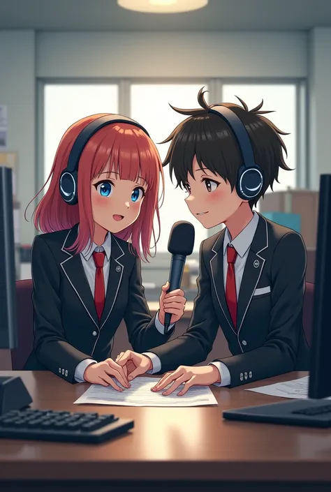 Anime boy & girl wearing suit and working in press office and dubbing while they are wearing Recording headphones and there's a Microphone for recording 