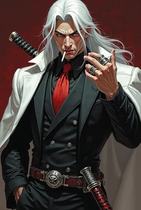 A man in his twenties with sharp red crimson eyes, long white hair and a black formal suit that highlights his luxurious muscles with a white coat on his shoulders and a cigarette in his mouth with an amazing sifay katana at his waist and silver rings with...