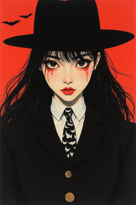 There is a picture of a tearful woman wearing a hat, Three-button jacket,button shirt,tie featuring bats,inspired by Rudolf Hausner,  style of hajime Sorayama ,  graphic details , by Rudolf Hausner,occult art , hajime Sorayama design woman,shohei otomo,  v...