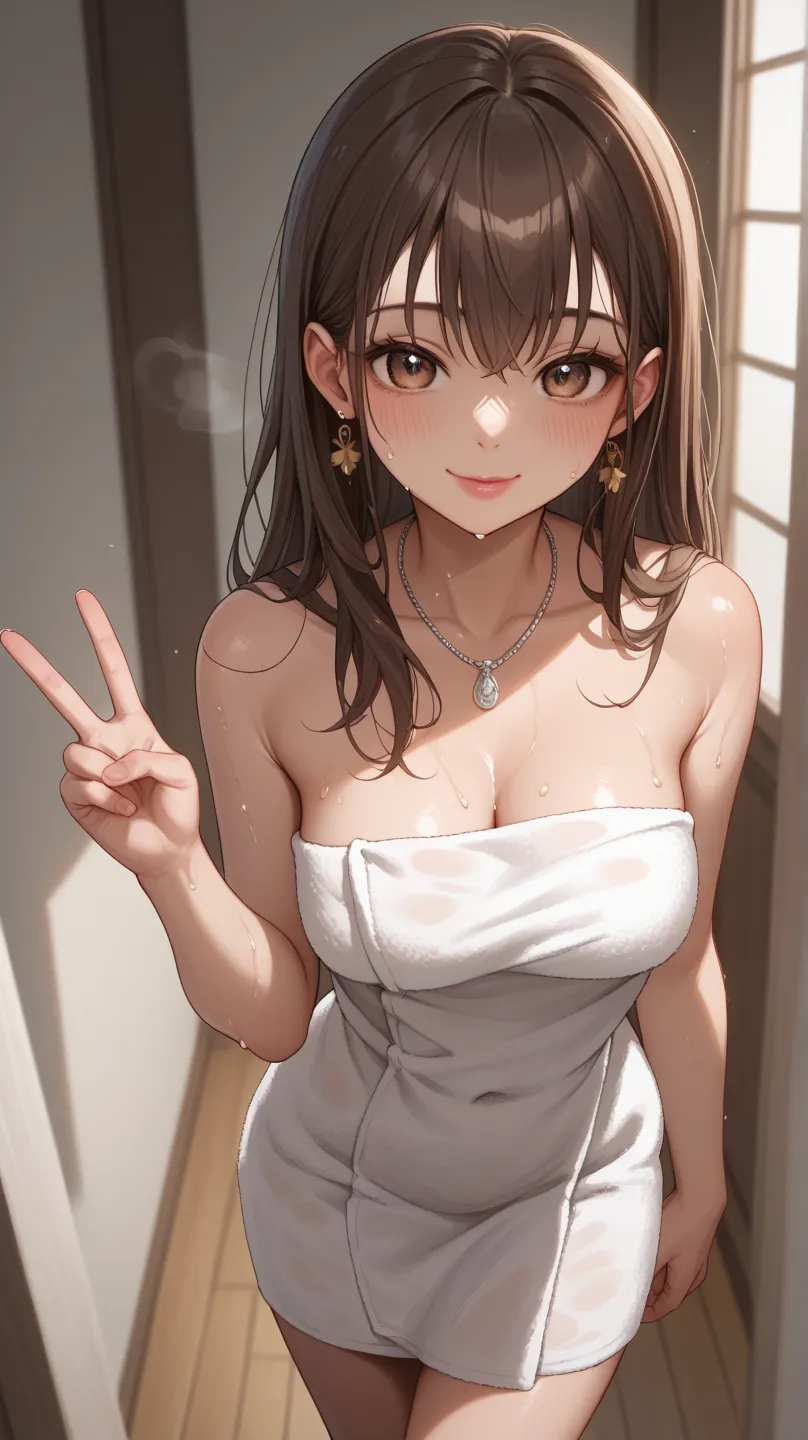 anime style、 one woman、pink lips、bangs、straight long hair、Dark brown hair、 Height、skinny、Anino breast、 silver necklace 、cool eyes、brown eyes、one yellow earring、shame、blush、 Smile、naked towel 、fluffy towel 、sweat、steam、bedroom、peace sign、from front、standing...