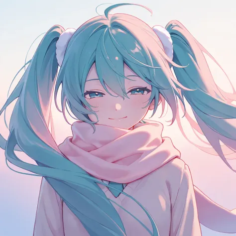 Miku Hatsune, талия и ноги вне кадра, warm contrast, pastel colors, soft smile, slightly narrowed eyes, scarf pink and white, wind 