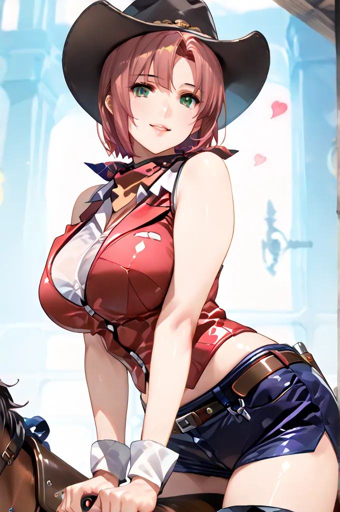 (Masterpiece, Top Quality, Super Detail:1.5), super high res, very beautiful, 8k, anatomically correct, precise, one woman, solo, sexy adult woman, mature woman, breasts, pink short bob cut hair, shiny hair texture, green eyes, detailed eyes, cowboy style,...