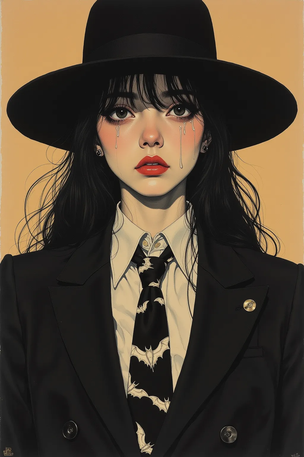 There is a picture of a tearful woman wearing a hat, Three-button jacket,button shirt,tie featuring bats,inspired by Rudolf Hausner,  style of hajime Sorayama ,  graphic details , by Rudolf Hausner,occult art , hajime Sorayama design woman,shohei otomo,  v...