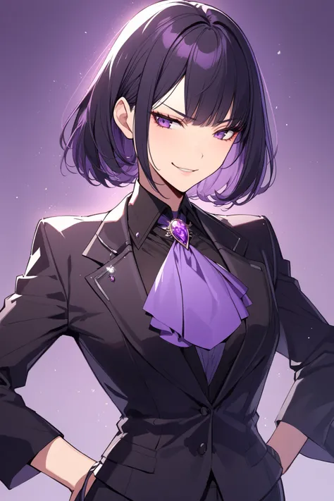 1 beautiful sexy woman, short straight black hair, bob hairstyle, hime bangs, black office suit, black undershirt,40 years old, slender frame, look away, purple eyes, smug confident smile, she is a milf,she is a scientist, fancy clothes, violet ascot