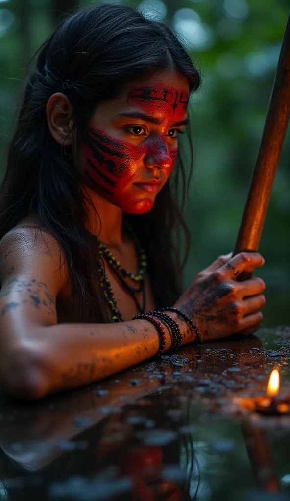 First-person perspective of painting your face with red and black tribal markings, using crushed berries and charcoal. The reflection in a polished stone shows the fierce patterns. You grab a spear, feeling the smooth wooden shaft in your grip. The night a...