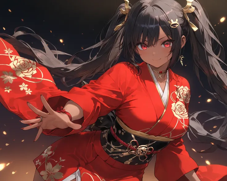  A girl with black hair  , with red eyes , with dark skin , wearing a short red kimono with golden roses drawn on it , taking a ninja pose 