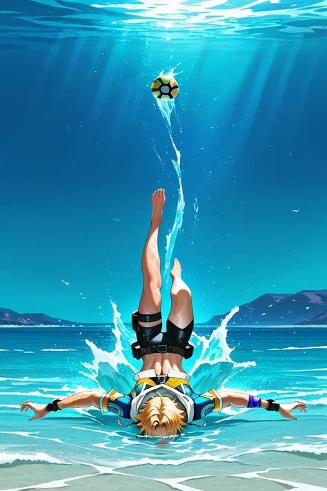 masterpiece, best quality, amazing quality, very aesthetic, high resolution, newest, hyper-detailed, Tidus,Tidus from FinalFantasyX,In the water,is diving,swimming in the water,He has a Blitzball,Only one ball,solo,1 person