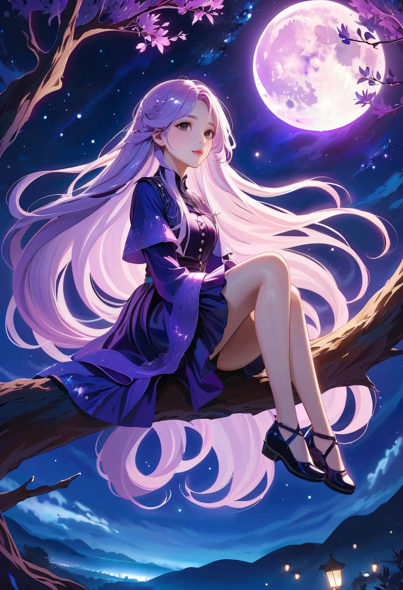 1girl,Kpop idol, very long hair, floating hair,glowing hair, 
 night scene,moon in the sky,purple hues,starry night,dreamlike atmosphere,glowing edges,mystical,high contrast,ethereal light,sitting on a tree branch,light particles,