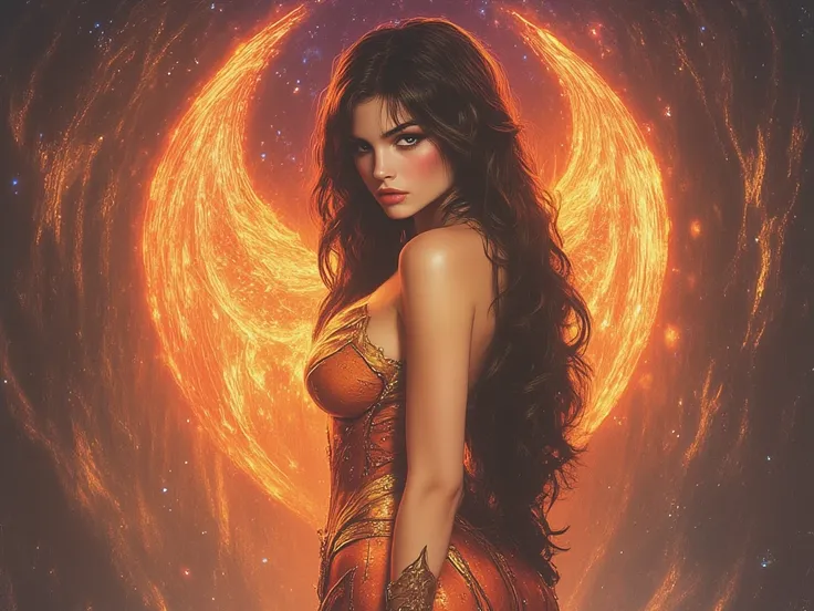 realistic oil painting,  Woman with her back,  long straight jet black hair,  intense blue eyes, , She is wearing an orange Goddess costume with rhinestones in her sleeveless outfit, CURVY BODY, In the background a forest with flames of fire,  A glow  , DR...