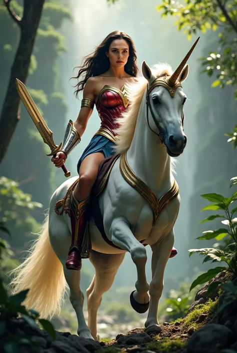 High detail ,  realistic, HDR, super clear , ultra high resolution, High Dynamic Range + The low noise level , Beautiful Gal Gadot as Wonder Woman, Rides a white unicorn , in one hand a sword in the other hand is a shield, in the beautiful Amazon jungle.