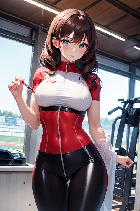 A beautiful girl in a white miniskirt standing in front of a red racing car, High Detail, wear (Tight shirt:1.2), Beautiful Korean girl, Korean pop idol, Beautiful and delicate face, Aquamarine eyes, (Attractive fitness woman:1.3), (Tempting:1.1), (blush:1...