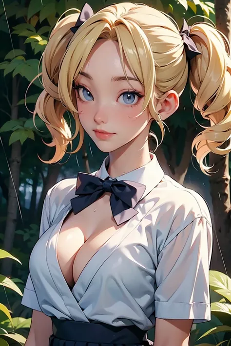  Japanese、 model、blonde twin tail wave、white shirt school uniform、 bow tie、cleavage、 in the woods、 wet in the rain 