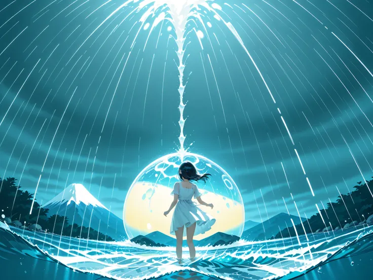 score_9, score_8_up, score_7_up, Masterpiece, UHD, Accurate, Anatomically Correct, High Quality, Hyperdetailed, 1girl, Solo, Girl standing in the rain, Newborn skin, White dress, "The pouring rain turns into waves, creating a baskdrop reminiscent of Thirty...