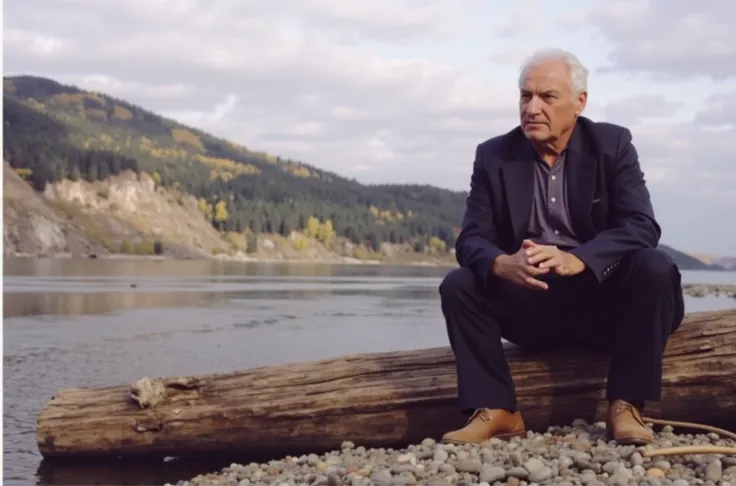 The photo shows Viktor Petrovich Astafiev, a famous Krasnoyarsk writer. He sits on a large log on the right bank of the river. Dressed in a black and blue suit and a dark shirt.  are used His gaze is directed into the distance ,  The facial expression is t...