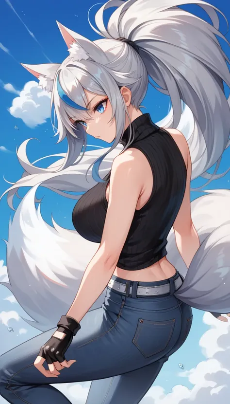 masterpiece, TOP QUALITY, insanely detailed, 1 girl, 
baby face, fighting stance, (Black color fingerless gloves),
Expressive Eyes, blue eyes, cool eyes, 
ponytail, big hair flaps,  Silver Hair, 
Big Breasts, 
Sky Blue ((streaked hair)), highlights hair, S...