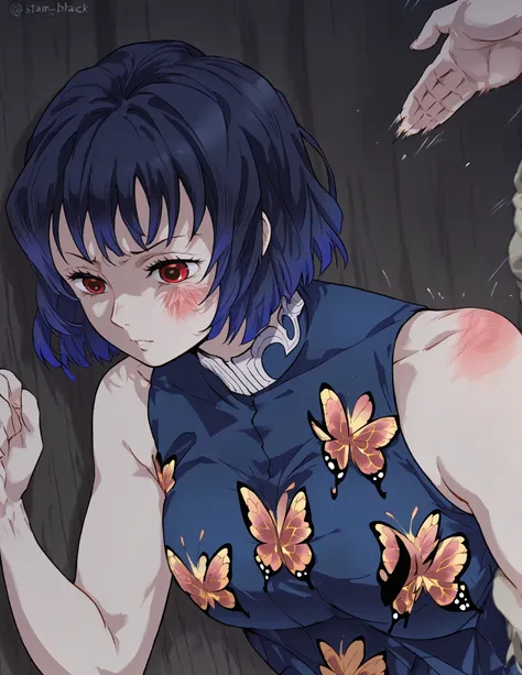 Slap Black Eye,  medium breasts, Bare shoulders , butterfly print,  detailed,  gradient hair, red eyes, dark blue hair,  short hair, multicolored hair, Black eye slap, demon slayer Uniforme, looking at the spectator