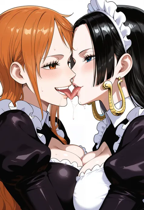 masterpiece, best quality, amazing quality, 2girl, (Nami, one piece, orange eyes, orange hair), (Boa Hancock, one piece, blue eyes, black hair), long hair, wearing maid suit , very happy smile, close up shot, simple background, medium size boobs , golden r...