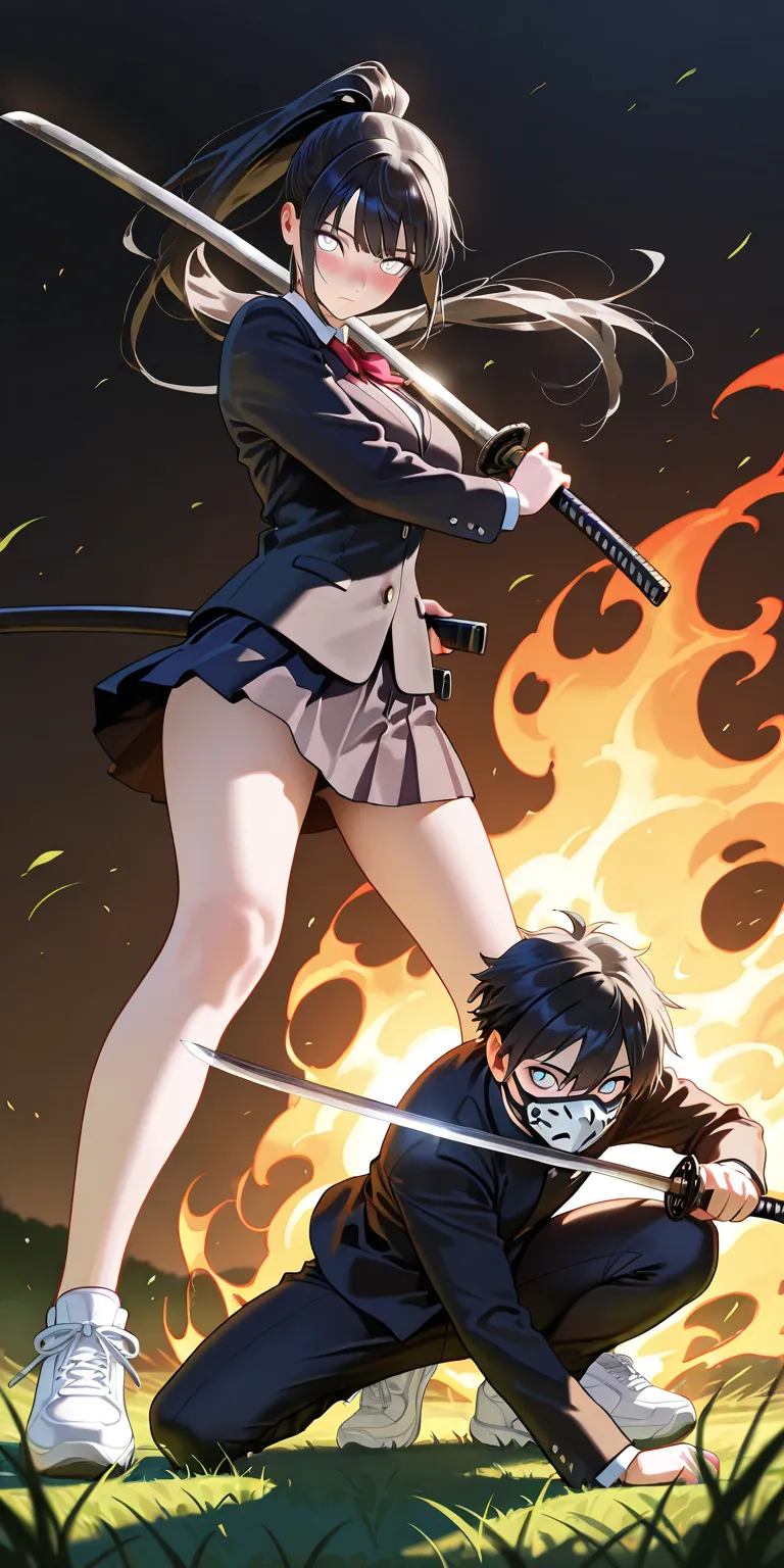 Masterpiece, newest, vibrant, very aesthetic, high contrast, men, wearing mask, face to face, black uniform, holding katana, attack her, slashed katana, mature woman, hinata hyuga, black hair, pony hair, straight hair, high ponytail long hair, white eyes, ...