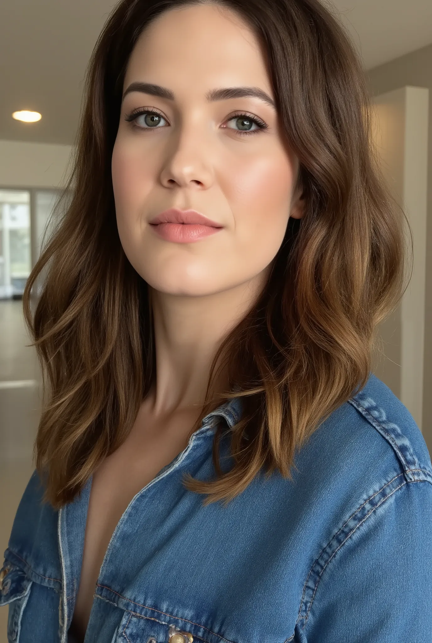 best quality, highres, 8k, masterpiece, photography, detailed midbody photorealistic portrait. Mandy Moore modelling a blue denim jumpsuit for Vanity Fair, styled braless to highlight the clean lines of the design. The jumpsuit features a relaxed fit and r...