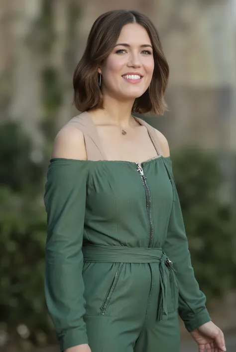 best quality, highres, 8k, masterpiece, photography, detailed midbody photorealistic portrait. Mandy Moore modelling a green satin blouse suit for Vanity Fair, wearing a matching green satin bra. The blouse features a V-neckline and billowing sleeves, pair...