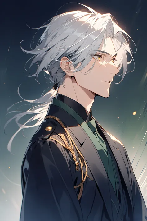 1 handsome man, styled silver hair, Japanese-style black military uniform suit, black undershirt blouse, green tie, 40 years old, slender frame, look away, gold eyes, calm expression