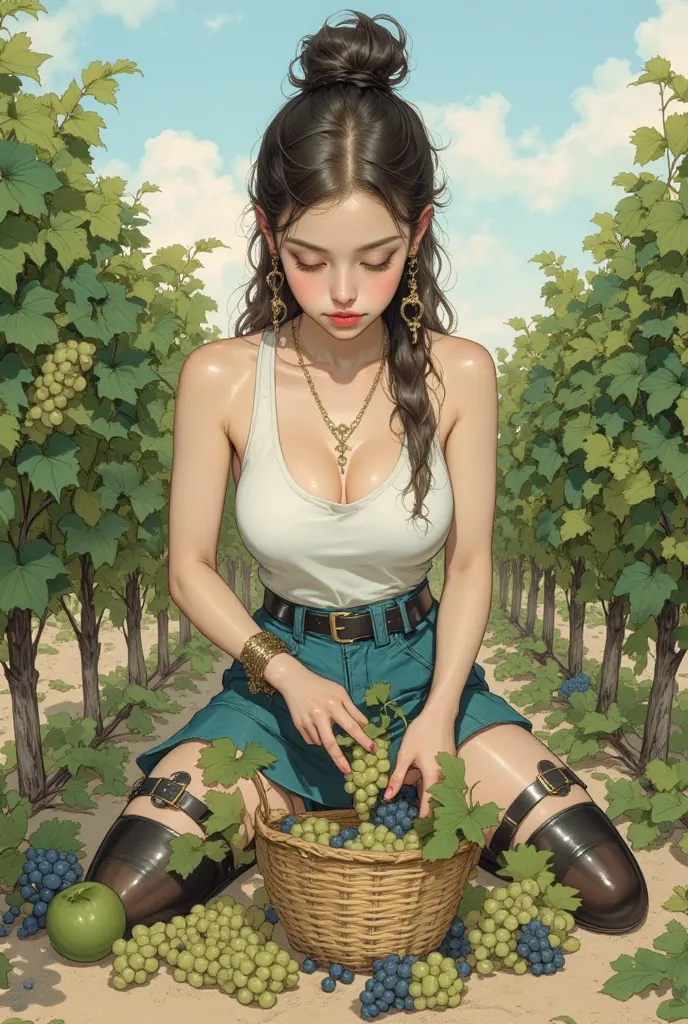 Concept art in watercolor and colorful line art. Dark beige and turquoise. Perfect line work. Beautiful farmer drawing in a vineyard. Sexy camisole, full body, picking grapes. Props, Pose, light grey smoke swirling around her as she picks fruits. Hair tied...