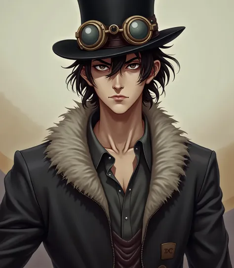 a tall age boy. tired eyes and thin nose. steam punk style clothes. wearing a top hat with aviator glasses. strong body, indifferent expression
