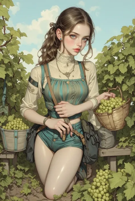 Concept art in watercolor and colorful line art. Dark beige and turquoise. Perfect line work. Beautiful farmer drawing in a vineyard. Sexy camisole, full body, picking grapes. Props, Pose, light grey smoke swirling around her as she picks fruits. Hair tied...