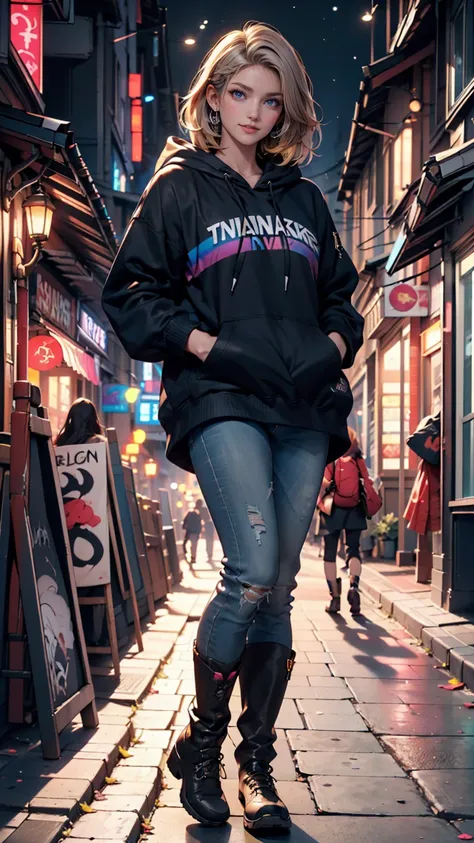 detailed background,  masterpiece, TOP QUALITY, smile, ornament,  hoodie, portrait, yellow neon,  graffiti ,  dark,   night , shining eyes, Black Light、 24-year-old White Woman 、long lashes for muscular body、 eyeshadow、lip gloss、 Rainbow （rainbow）Hair Colo...