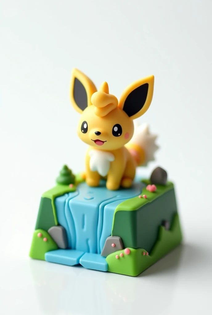 creates 3d keycap pokemon photo with white background into profile SA encapluation Theme with river, mountains and grass and pokemon on the side of the subject. Fushigidane is placed inside the keycap, can be sitting position with front legs facing down, h...