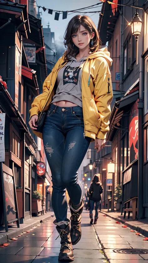 detailed background,  masterpiece, TOP QUALITY, smile, ornament,  hoodie, portrait, yellow neon,  graffiti ,  dark,   night , shining eyes, Black Light、 24-year-old White Woman 、long lashes for muscular body、 eyeshadow、lip gloss、 Rainbow （rainbow）Hair Colo...