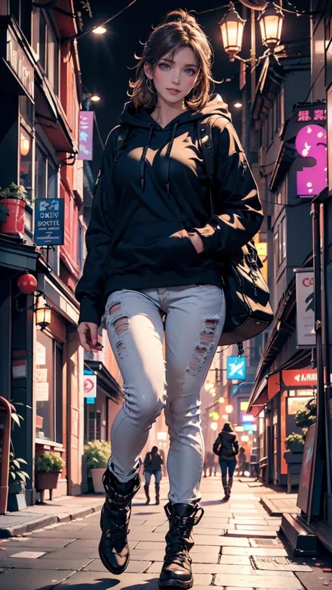 detailed background,  masterpiece, TOP QUALITY, smile, ornament,  hoodie, portrait, yellow neon,  graffiti ,  dark,   night , shining eyes, Black Light、 24-year-old White Woman 、long lashes for muscular body、 eyeshadow、lip gloss、 Rainbow （rainbow）Hair Colo...