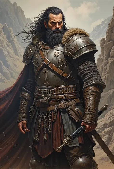 Create a painting of a medieval warrior with a long beard and long black hair, strong and muscular and serious 