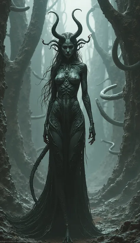 Illustrate a female devil with a strikingly ethereal presence, inspired by the biomechanical style of H.R. Giger. She should have a slender, elongated form adorned with intricate, dark patterns that blend organic and mechanical elements. Her skin appears a...