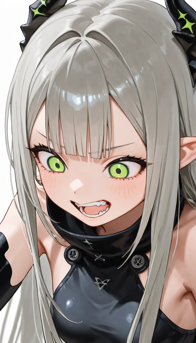  green eyes、 long, slender eyes、 Grey Hair、very long hair、 split bangs、pointed ears、amount、 double teeth、 stomp、 look down