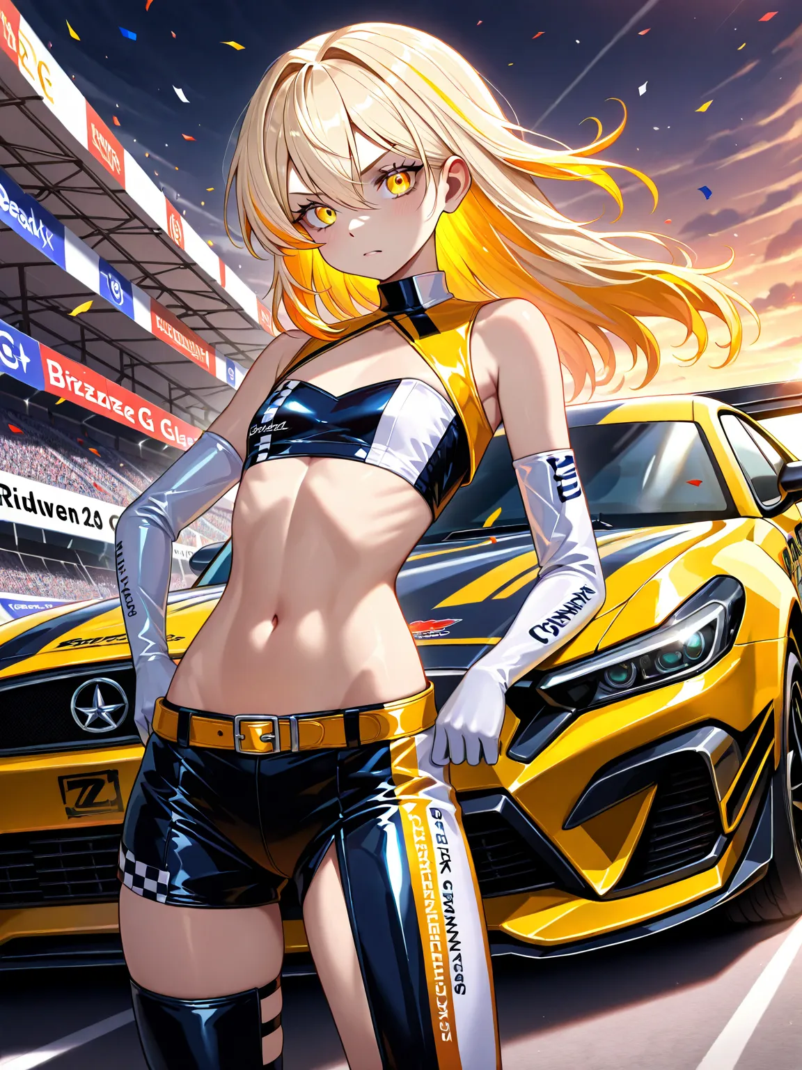 beauty, solo femmes, light skin, (multicolored hair, lightblonde_hair),  (flat chest), race queen costume, BREAK ,1 BENZ G-CLASS car