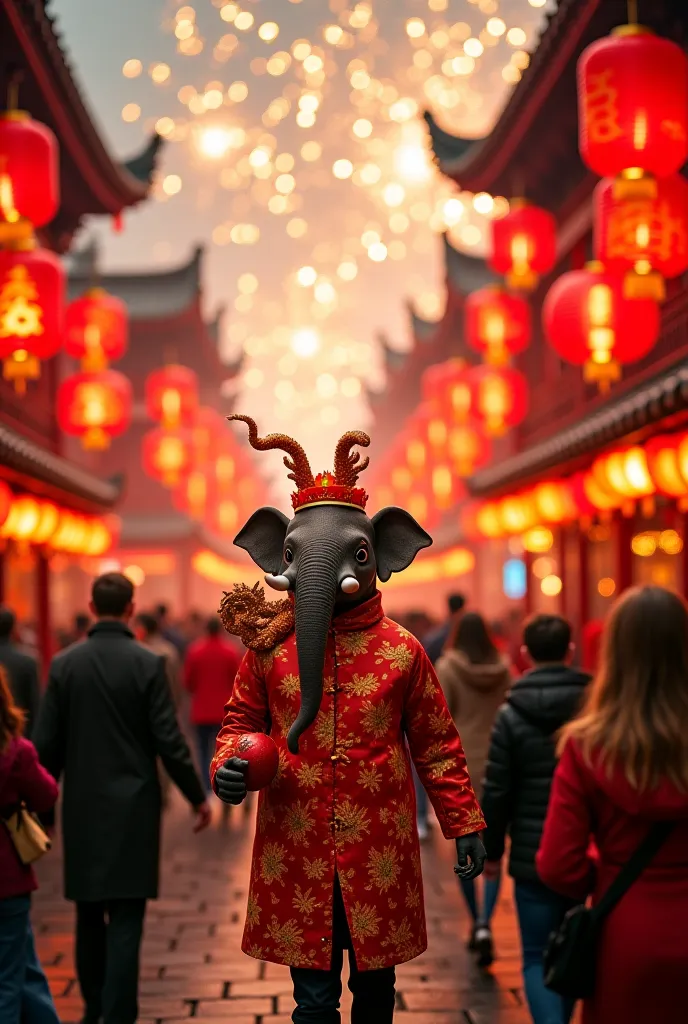 An image set from the Year of the Dragon festival with a crowd walking on a busy street with fireworks, Red lanterns , typical constructions, adorned plates, a dragon and a human elephant wearing a cheongsam and holding a Chinese lantern. Do this by wearin...