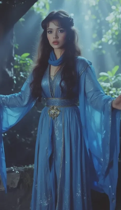 1995 fantasy movie film still, A Malay Princess Mayang Mengurai in Silver-Blue modest attire with blue scarf – Long, flowing hair. Her dress ripples like waves, eyes melancholic yet powerful. 