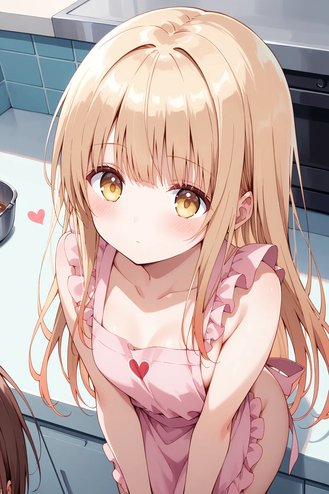 masterpiece,best quality,Mahiru Shiina, bangs, blonde hair, brown hair, yellow eyes,long hair, naked apron、Cooking、 heart