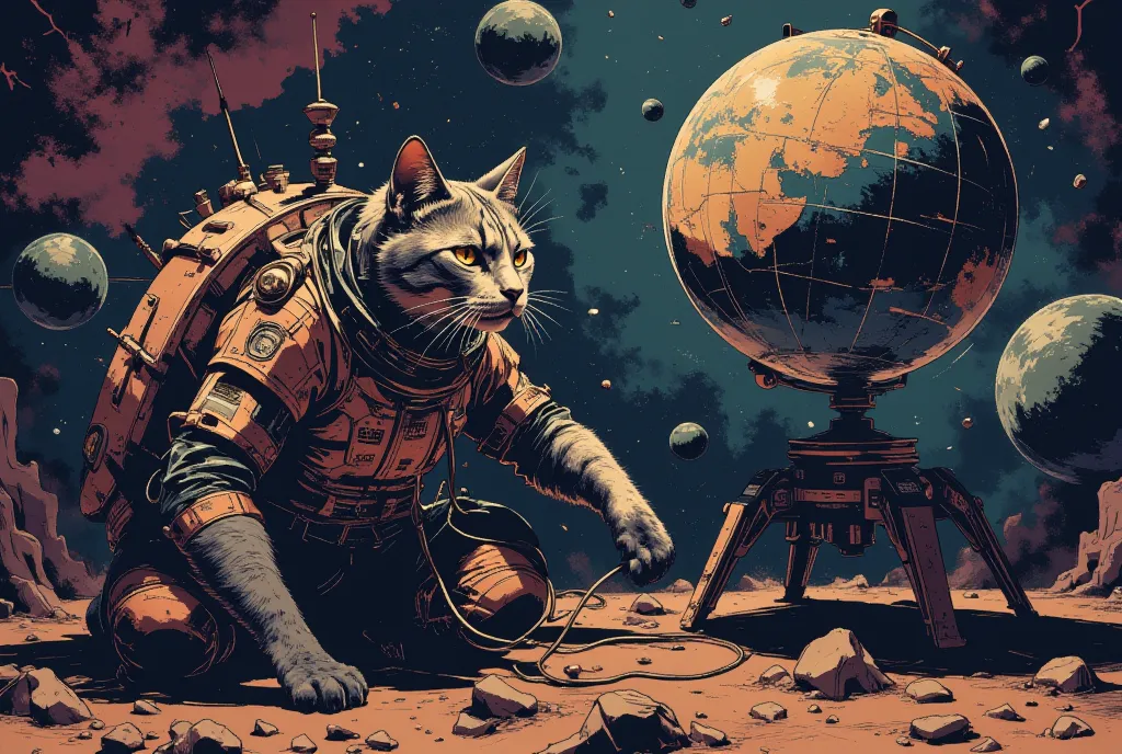 (Cats listening to music),(spaceship)(headphone accessory) ( The background is an 80s nightclub in space ),(dynamic), (dust:2.0),(CALM MOOD:2.0),( detailed color),( more details:2.0), planets, Noise old image, (Brilliant disco globe)