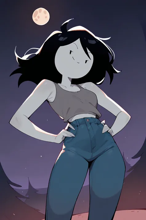 masterpiece, best quality, newest, absurdres, highres, dynamic angle, outdoors, night, moon
1girl, solo, Marceline, grey skin, gray tank top, jeans, pinup, smile, looking at viewer, hands on hips , long legs , red boots , cowboy shot, 