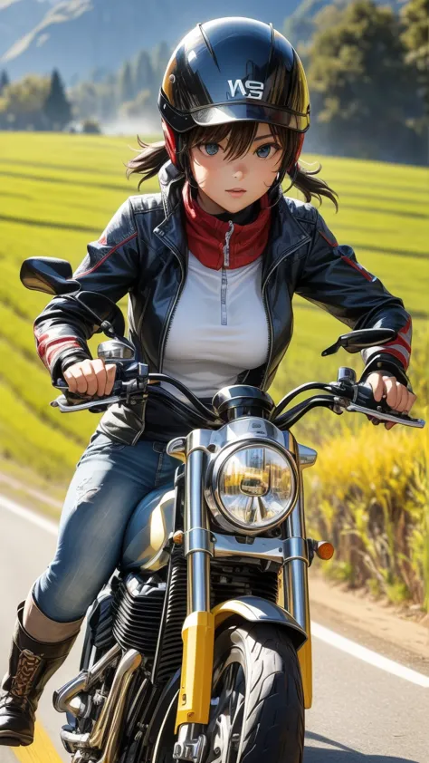 ((( Masterpiece:1.3, Best Quality, hight resolution, nffsw, Perfect Pixel,  4K, nffsw, nffsw))), 1girl in, Off-road motorcycle driving on spring country roads、18-year-old girl、jet helmet、((October scenery, rice ears about to be harvested, rice growing alon...