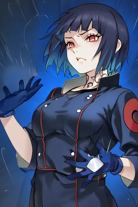 Medium Breasted Girl, Naruto Shippuuden uniform, blue glove, Slap Black Eye,  neck tattoo, dark blue hair, multicolored hair,  short hair, neutral expression, red eyes