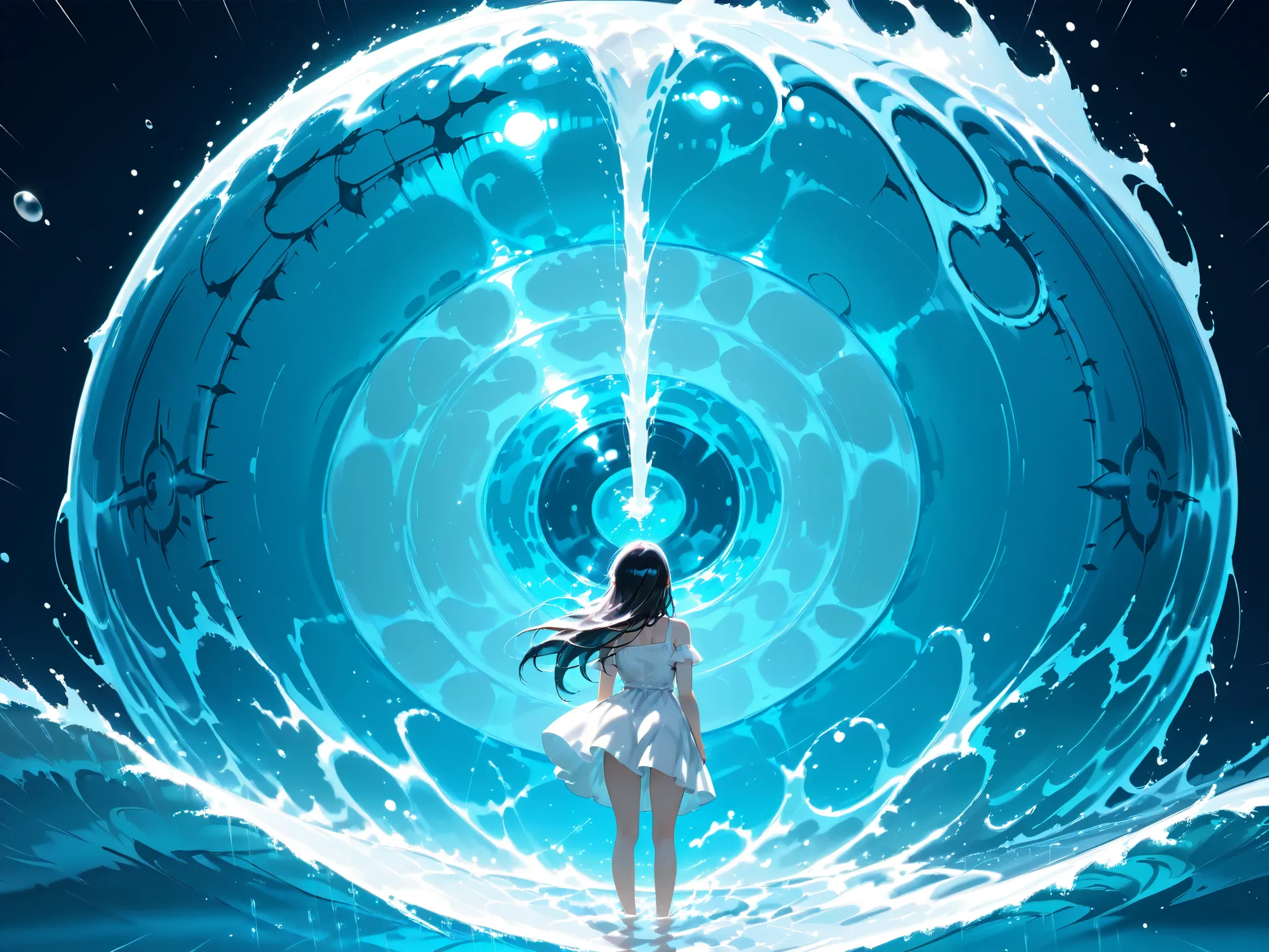 score_9, score_8_up, score_7_up, Masterpiece, UHD, Accurate, Anatomically Correct, High Quality, Hyperdetailed, 1girl, Solo, Girl standing in the rain, Newborn skin, White dress, "The pouring rain turns into waves, creating a baskdrop reminiscent of Thirty...