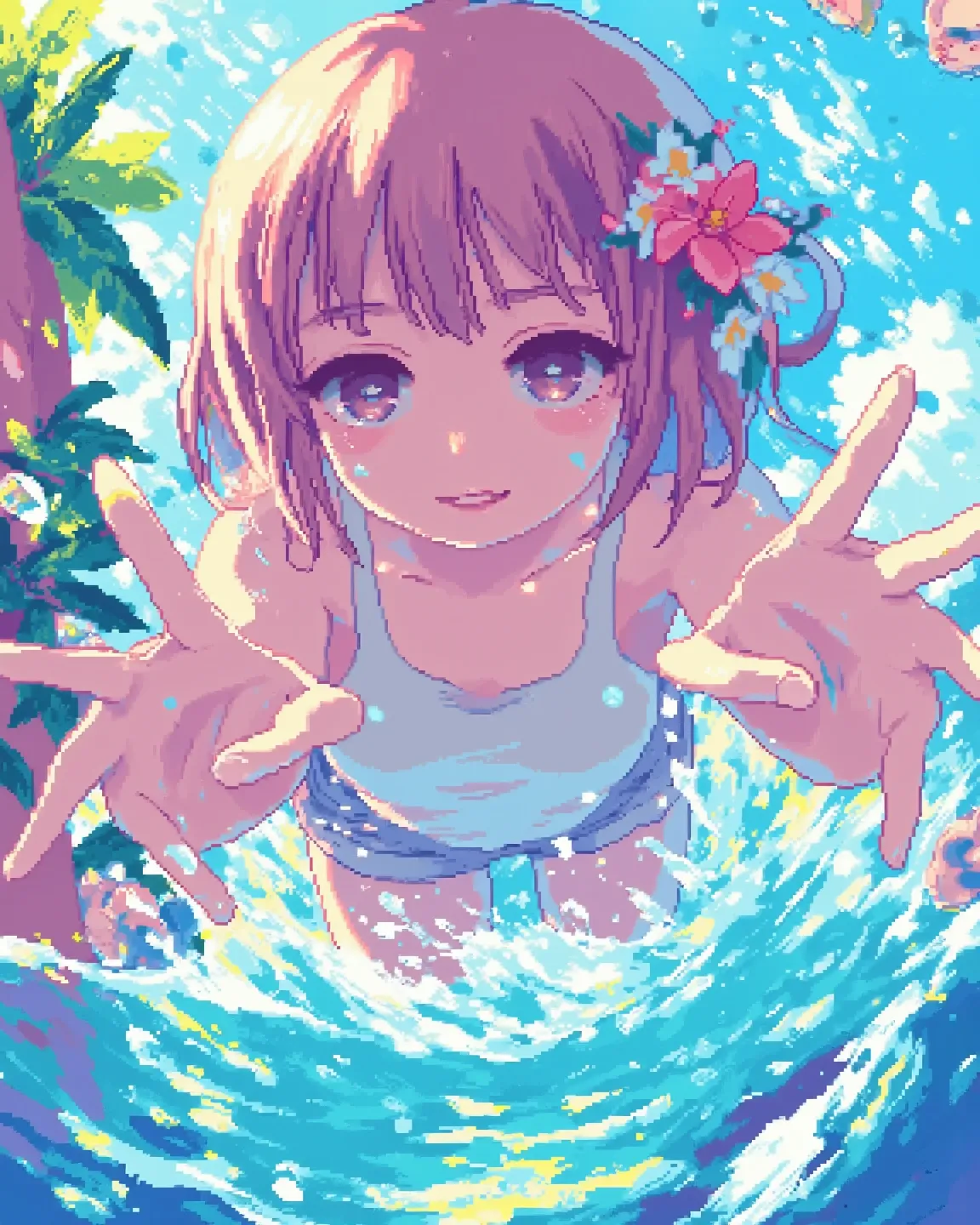 pixel art, 773Sstyle, summer pool setting, Diving into the pool, (dive from the butt), short hair, wearing a tank top and shorts, cute, hair flower, smile, looks fun, low angle, water splash, 
lens ghost effect, lens flare, dazzling sun, sunlight, dynamic ...