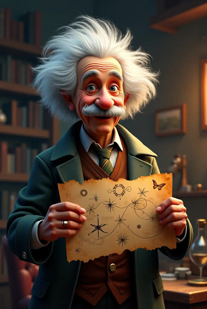 Albert Einstein smiling showing a treasure map, Start here 